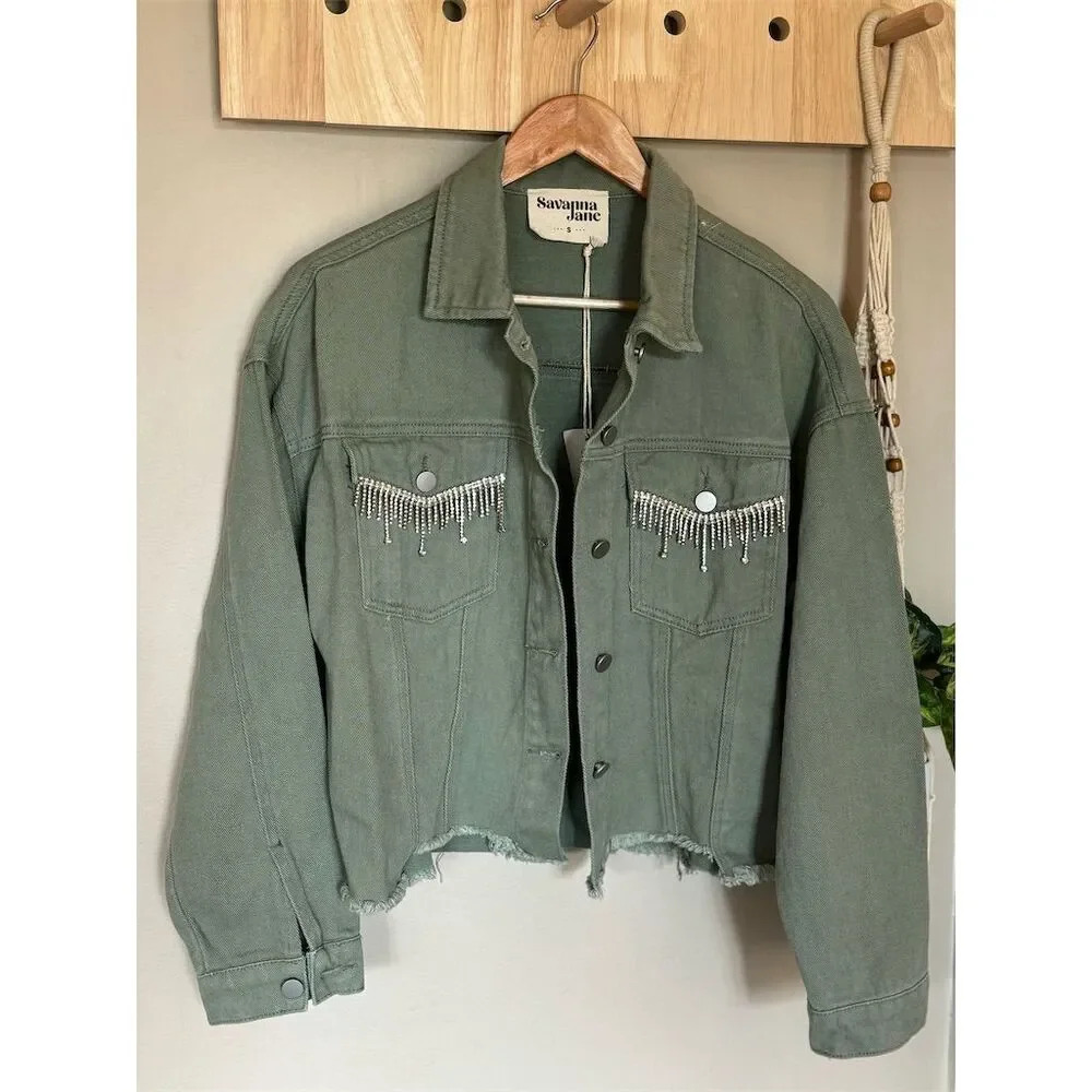 Savannah‎ Jane Women's Olive Green Tasseled Denim Jacket Size S